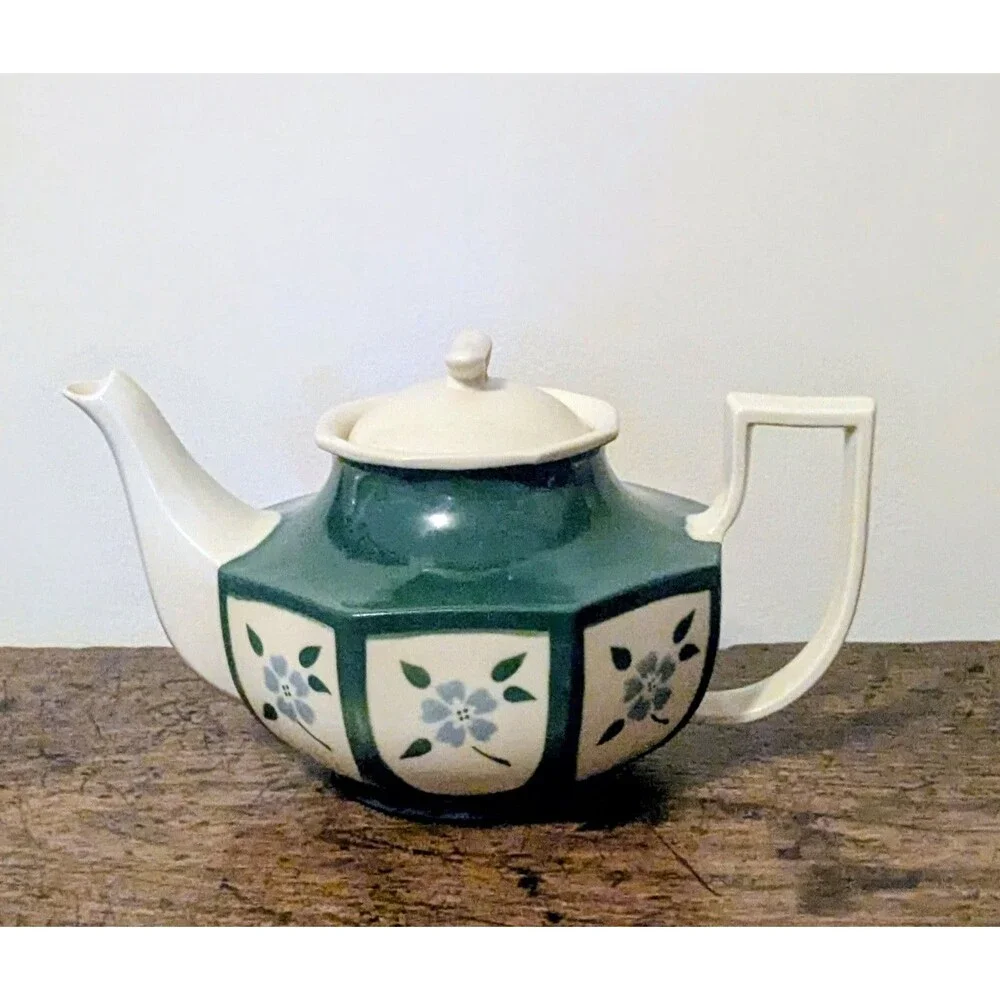 Vintage Porcelier Vitreous China Teapot Green White Geometric Floral  With Lid